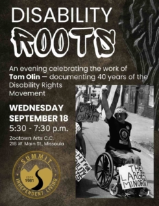 In lower right, a black and white photograph taken by Tom Olin in June 1990, depicting a man in a wheelchair, his right fist raised in defiance and a sign that read "The Largest Minority" across his legs. The man is Michael Gibson, who was protesting the inaccessibility and poor service of the paratransit system in Chattanooga, Tennessee.